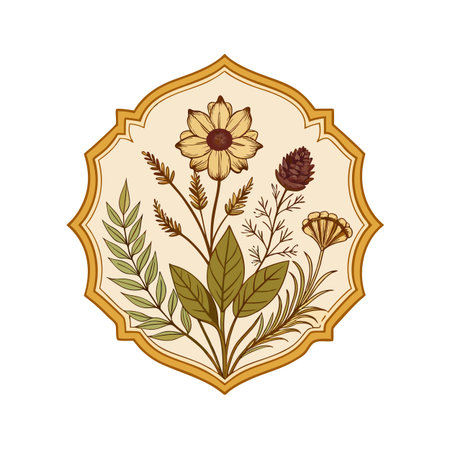 Vintage floral illustration of a sunflower and various foliage within a decorative frame.のイラスト素材