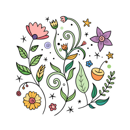 Hand-drawn Floral Illustration with Pastel Colors and Stars in a Circular Compositionのイラスト素材