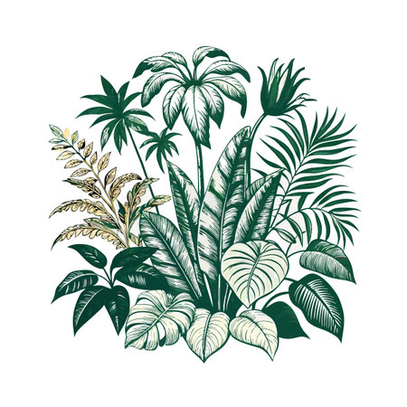 Botanical vector illustration of tropical plants including palm trees and philodendron leaves in dark green and whiteのイラスト素材