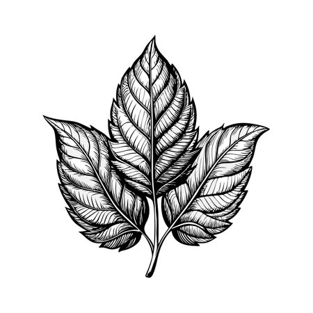 Botanical Illustration of Detailed Three-Leaf Cluster with Intricate Vein Details on White...