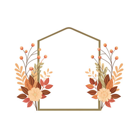 Autumnal floral frame illustration with brown border, leaves and flowers for decorationのイラスト素材