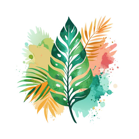 Tropical leaf vector design with watercolor splashes on a white background for summer designsのイラスト素材