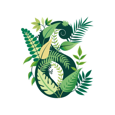 Botanical Number Six Illustration with Tropical Leaves in Shades of Green on White Backgroundのイラスト素材
