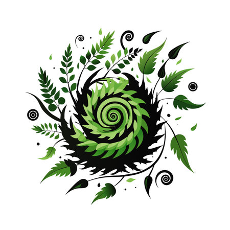 Abstract Spiral Design with Foliage Elements and a Nature-Inspired Composition on Whiteのイラスト素材