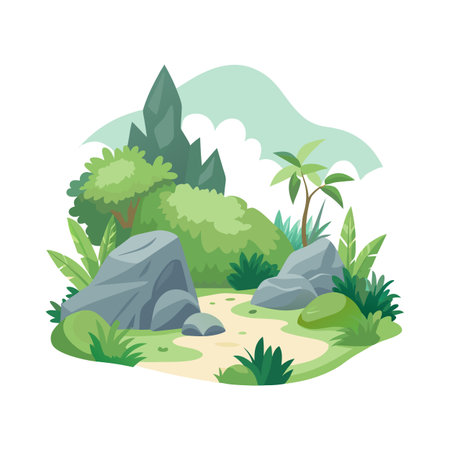 Illustration of serene nature scene with a pathway, rocks, greenery, and lush vegetationのイラスト素材