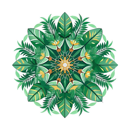 Tropical Leaf Mandala Illustration with Detailed Green Foliage and Exotic Floral Accents on Whiteのイラスト素材