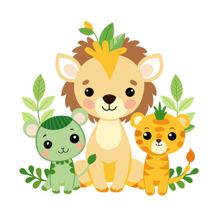 Cute cartoon jungle animals group: lion, tiger, turtle, arranged in a decorative designのイラスト素材