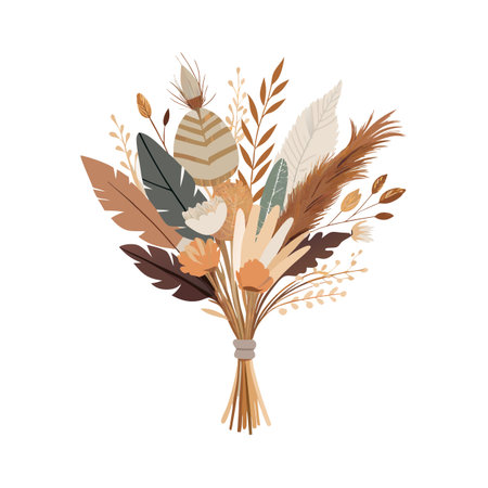 Elegant boho bouquet featuring a variety of dried flowers and foliage in earth tone paletteのイラスト素材