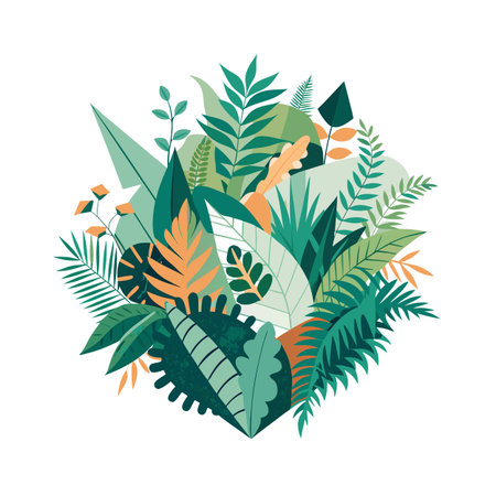Abstract Tropical Foliage Illustration in Green and Orange Tones for Background or Design Elementのイラスト素材