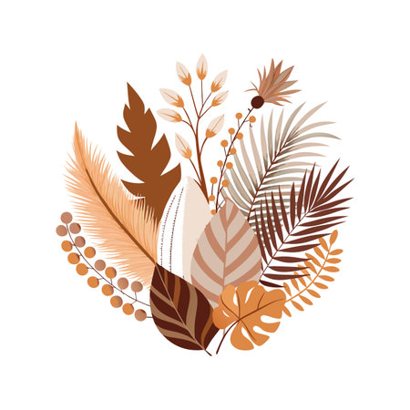 Boho floral arrangement with warm earth tones, perfect for rustic designs and autumnal themesのイラスト素材