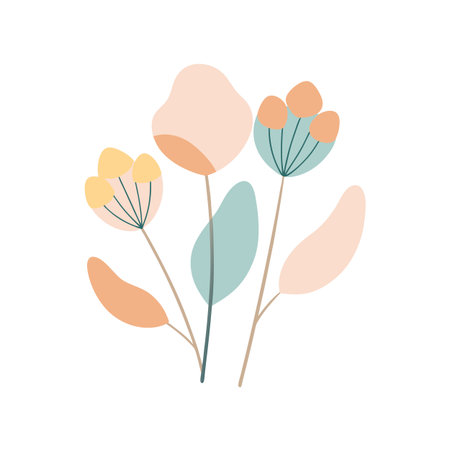 Elegant botanical illustration featuring abstract floral elements in soft, muted pastel tones on a white backgroundのイラスト素材