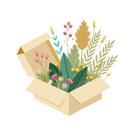 Botanical assortment in a cardboard box featuring various leaves, berries, and flowers, isolated on whiteのイラスト素材