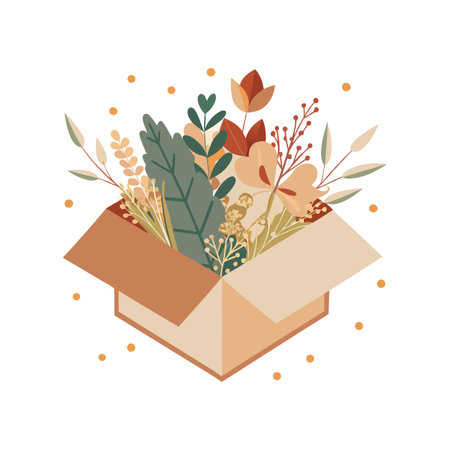 Vector illustration of floral arrangement in cardboard box with earthy neutral color paletteのイラスト素材