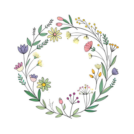 Delicate floral wreath with colorful blooms and greenery on a white backgroundのイラスト素材