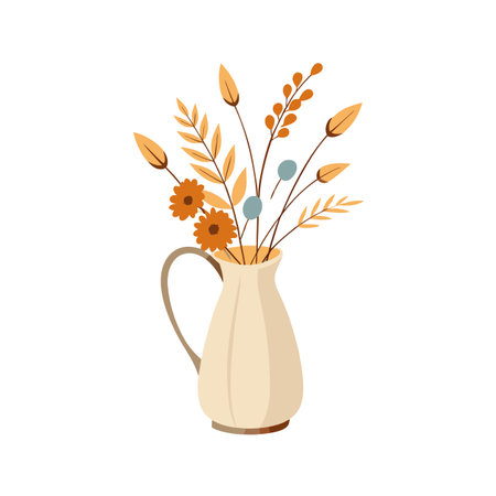 Minimalist floral arrangement in a cream colored jug vase for fallのイラスト素材