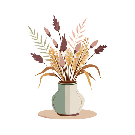 Elegant vase arrangement with pampas grass and decorative botanical elements on white backgroundのイラスト素材