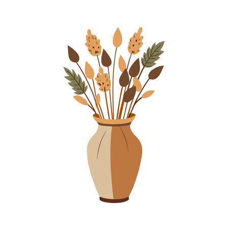 Elegant vector illustration of a stylish vase with dried floral arrangement, isolated on white background.のイラスト素材