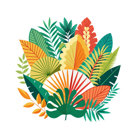 Tropical Leaves and Fan Palm Arrangement on White Background for Print and Web Designのイラスト素材