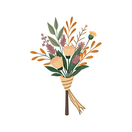 Autumnal flower bouquet with ribbon on a white background featuring delicate floral elements.のイラスト素材
