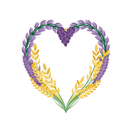 Heart-shaped floral arrangement with lavender, wheat, and grapes isolated on white backgroundのイラスト素材