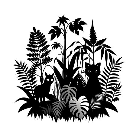 Two silhouetted cats amid a lush jungle of tropical leaves and fern frondsのイラスト素材