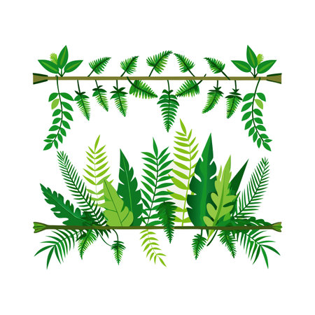 Tropical Greenery Frame with Lush Ferns and Jungle Foliage, on White Backgroundのイラスト素材