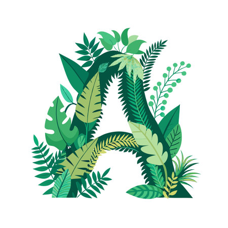 Tropical Letter A with Lush Green Foliage Illustration on White Backgroundのイラスト素材