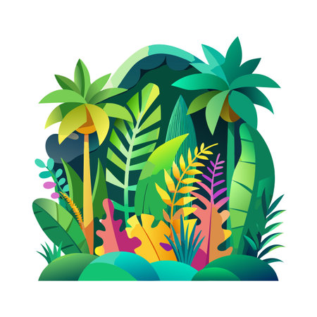 Vibrant Tropical Jungle Illustration with Palm Trees and Exotic Foliage for Background Designのイラスト素材