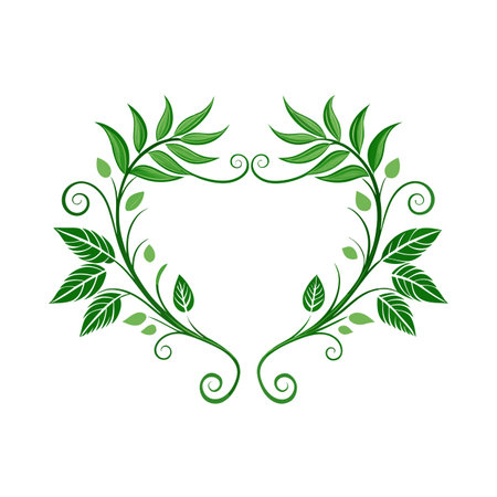 Elegant green leafy heart-shaped wreath frame, design element for invitations and greeting cards.のイラスト素材