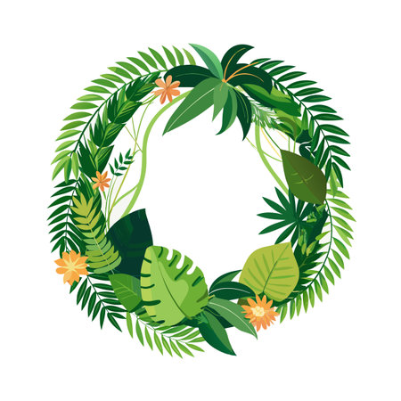 Tropical Leaf and Flower Wreath in Flat Vector Style, Perfect for Summer Designsのイラスト素材