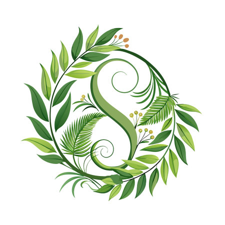 Elegant letter S with botanical wreath of green leaves and branches decorationのイラスト素材