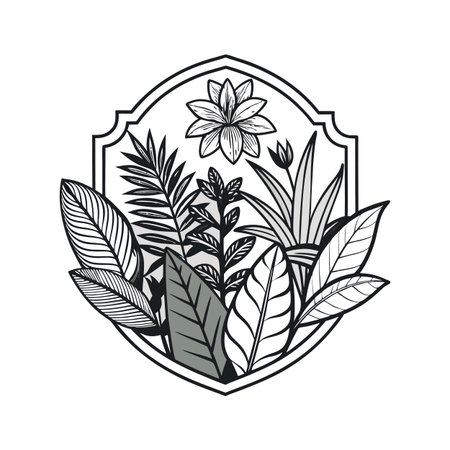 Tropical Foliage Emblem Design with Botanical Elements in Black and White Isolated on Whiteのイラスト素材