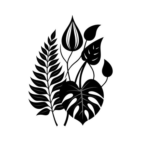 Elegant black and white botanical illustration featuring monstera and other tropical leaves on whiteのイラスト素材