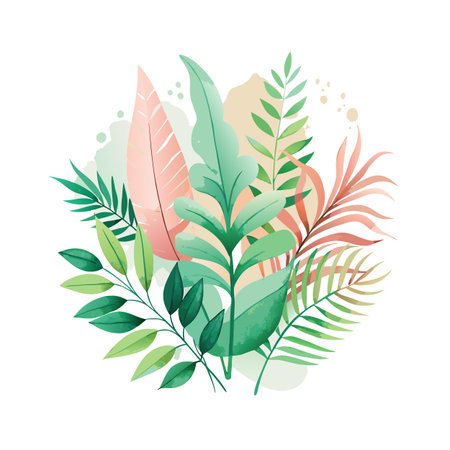 Watercolor Tropical Leaves Arrangement with Soft Pastel Colors for Summer Designs and Decorationのイラスト素材
