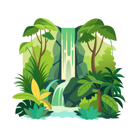 Cartoon Waterfall in Jungle Forest Surrounded by Trees and Tropical Plants, Flat Illustrationのイラスト素材