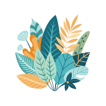 Vibrant Botanical Illustration: An Array of Colorful Leaves and Floral Elements on Whiteのイラスト素材