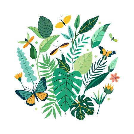 Tropical Leaves and Butterflies Arranged in a Circle on a White Backgroundのイラスト素材