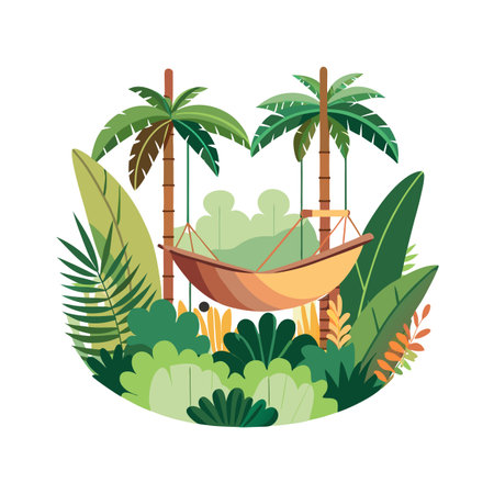 Tropical Getaway: Hammock between Palm Trees in a Lush, Green Paradise Illustrationのイラスト素材