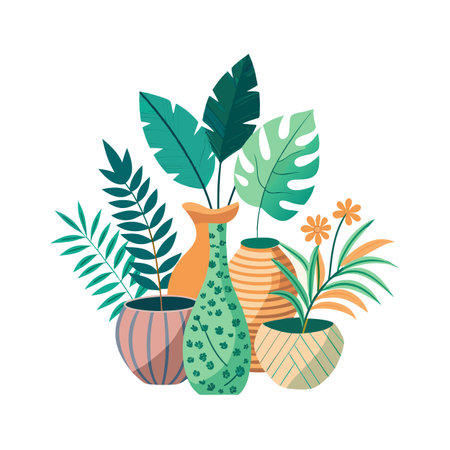 Vector Illustration of Houseplants and Vases in a Flat Artistic Style on White Backgroundのイラスト素材