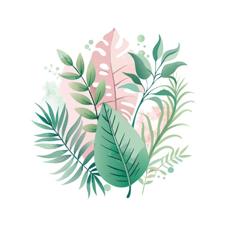 Elegant Tropical Leaf Arrangement with Watercolor Texture on White Background for Graphic Designのイラスト素材