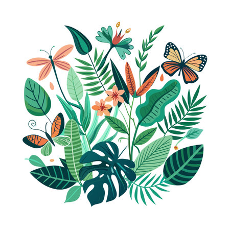 Tropical Leaf and Insect Medley: An Artistic Arrangement of Nature's Wondersのイラスト素材