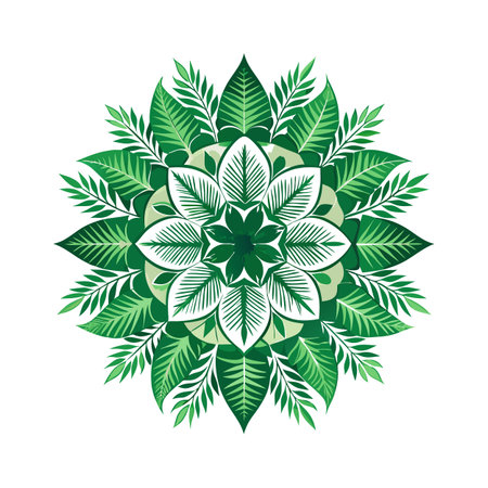 Tropical Leaf Mandala Illustration with Green Shades and Symmetric Composition on White Backgroundのイラスト素材
