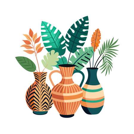 Stylized Vases with Tropical Leaves Still Life Vector Illustration Designのイラスト素材