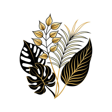 Elegant tropical foliage design featuring monstera, palm, and leafy branch in gold and blackのイラスト素材