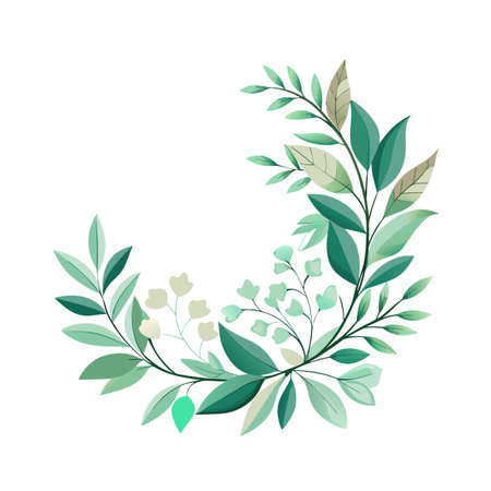 Elegant floral half wreath with green leaves and small flowers on a white backgroundのイラスト素材