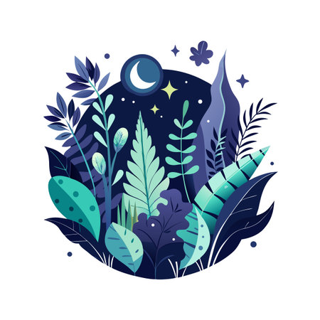 Vector illustration of tropical plants and leaves with moon and stars in night skyのイラスト素材