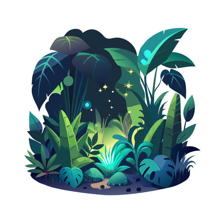 Enchanted Forest Scene with Lush Foliage and Sparkling Lights for Fantasy Designのイラスト素材