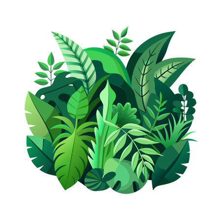 Lush Green Jungle Foliage Illustration with a Variety of Tropical Leaves and Plantsのイラスト素材