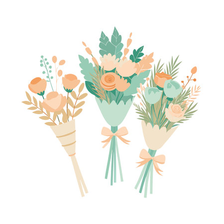 Pastel Floral Bouquets: An Illustration of Three Bundles with Ribbonsのイラスト素材