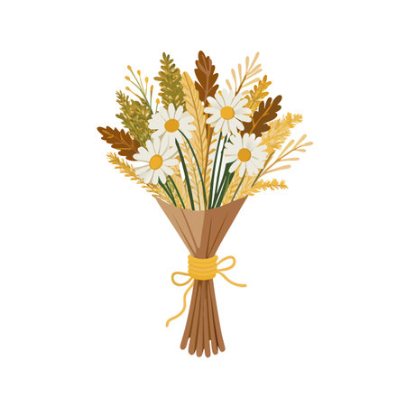 Elegant daisy bouquet with dried foliage wrapped in paper, isolated on white backgroundのイラスト素材